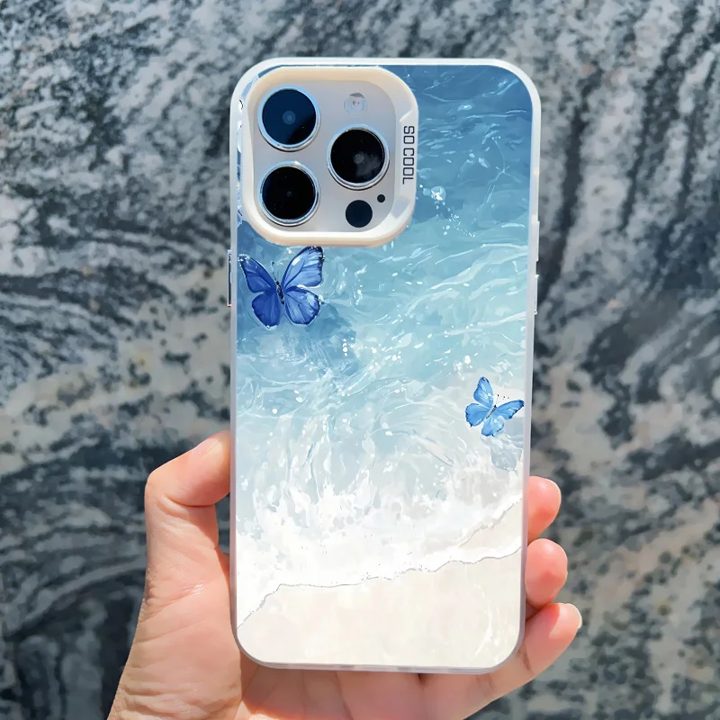 Blaue Schmetterling-Ozeanwellen-Handyhülle für iPhone 14 13 12 11 Pro Max 17 16 15 Pro Max 13 Mini 16 14 Plus Stoßfeste Laser-Cover – Detail 1