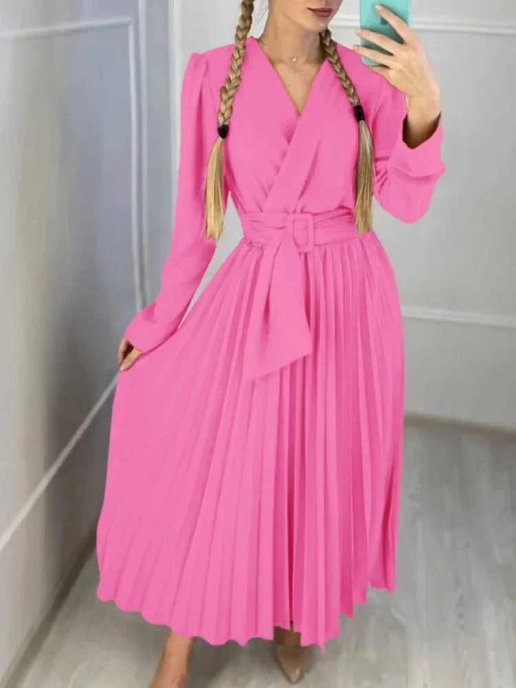 

Chamliforve Elegant Women's Dresses 2023 Autumn Winter Clothing V-neck Solid Color High Waist Long Sleeve Long Pleated Dress