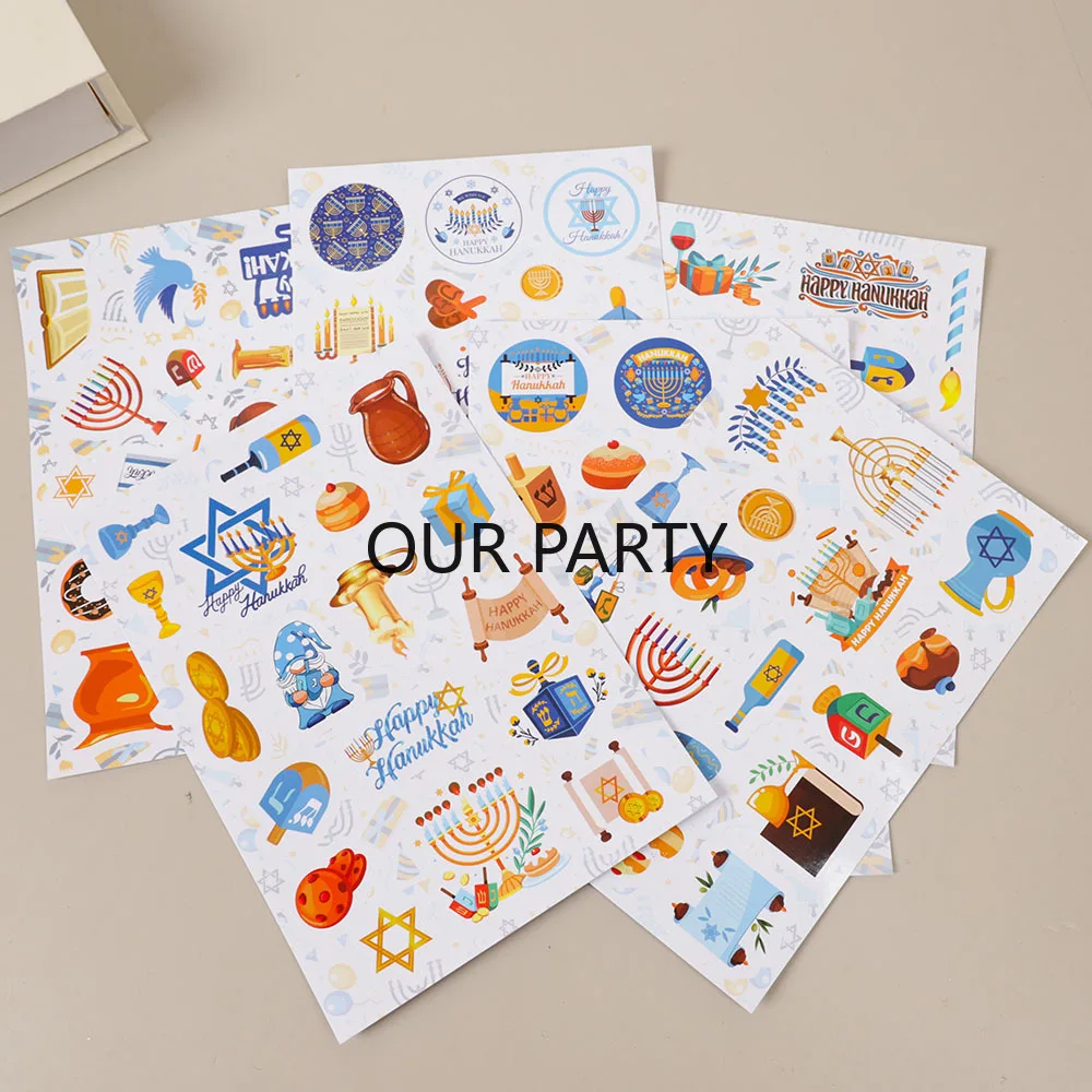 12 Sheets Cartoon Hanukkah Theme Candle Sealing Sticker Chanukah Round Gift Box Label for Jewish Happy Hanukkah Party Decoration