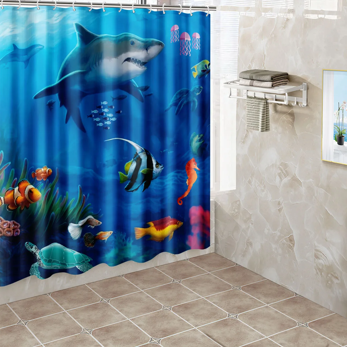 1pc Shark Ocean tenda da doccia divisorio per bagno tenda decorativa lavabile in lavatrice Ocean World Print Window Privacy Curtain