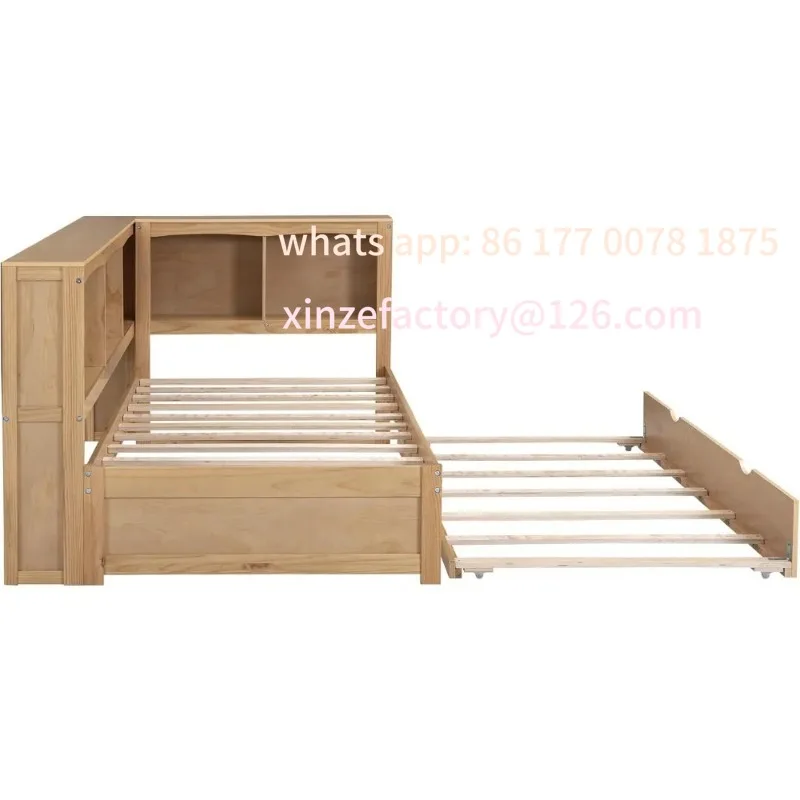 سرير بمنصة مزدوجة خشبية قابلة للتخصيص مع لوح أمامي وسرير نهاري بحجم مزدوج مع دولاب وخزائن كتب للتخزين ومنافذ USB