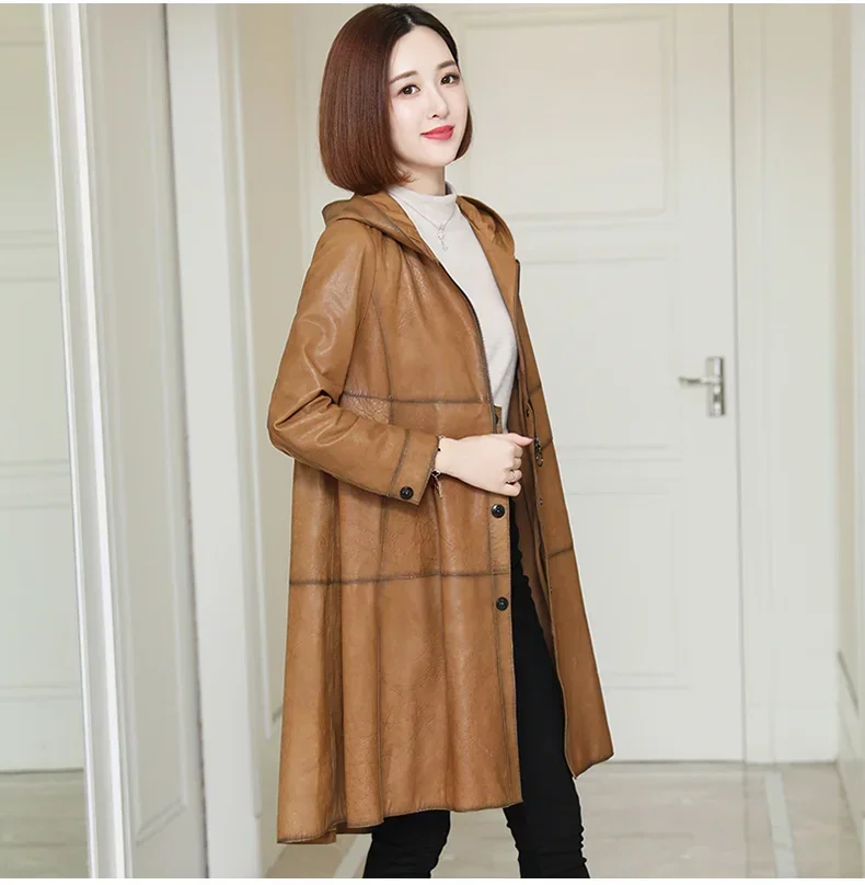 2024 Echt Leren Jas Dames Trenchcoats Koreaanse Mode Echte Schapenvacht Leren Jas Elegante Leren Jassen Met Capuchon SGG