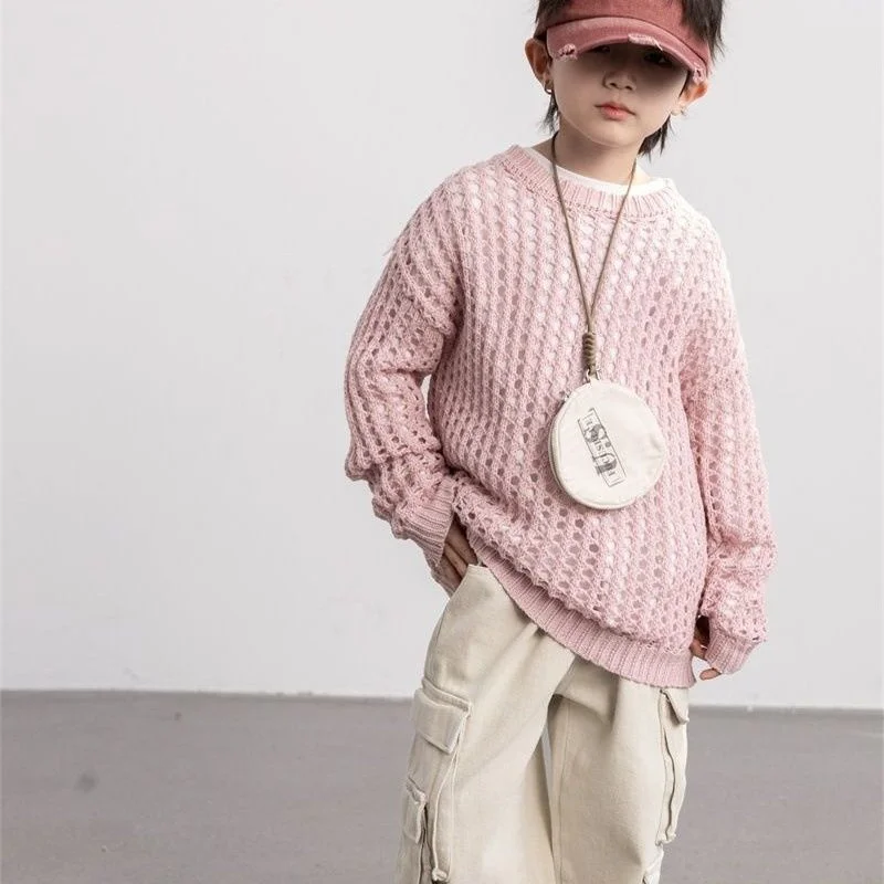 

Boys Woolen Sweater Crochet Cotton Windbreak 2024 Pink Autumn Winter Christmas Gift School Warm Children's Clothing