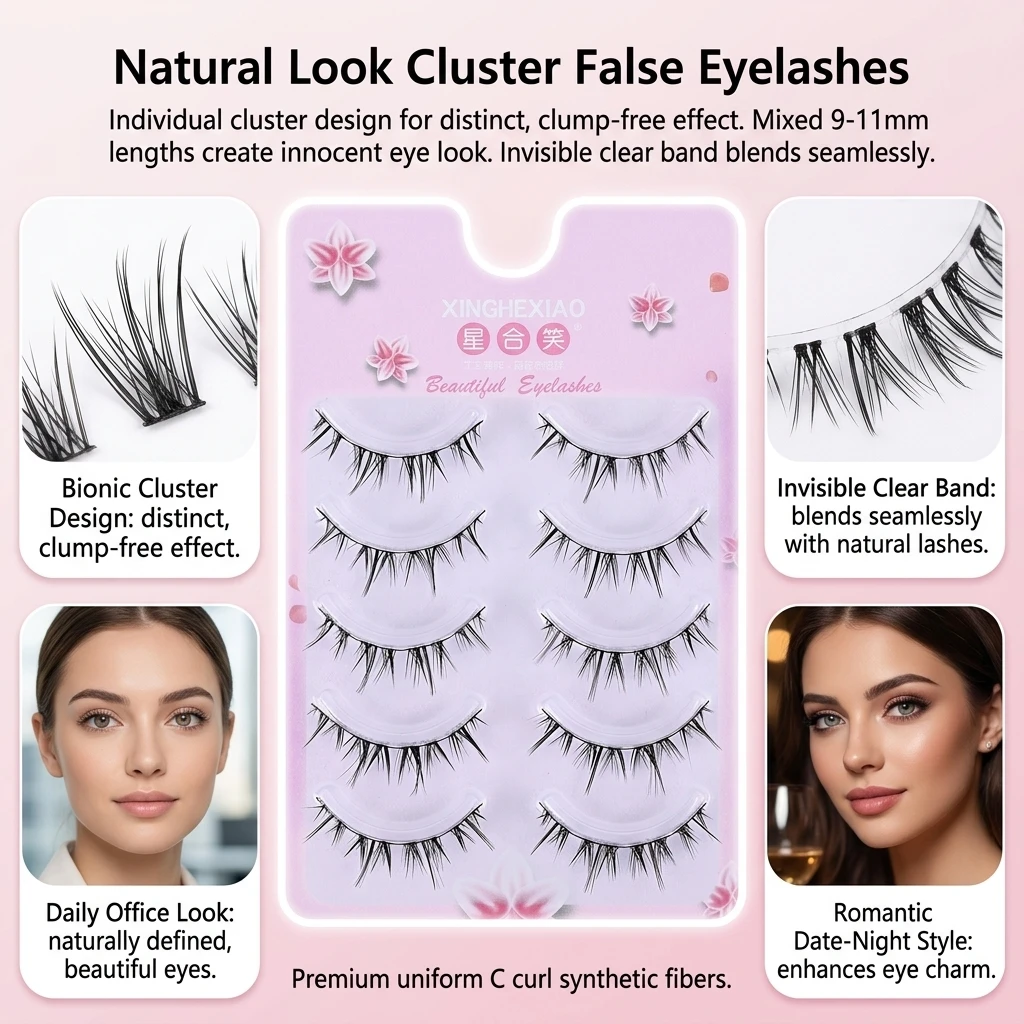 Synthetic Fiber False Eyelashes for Innocent Eye Makeup Women's Korean Style C Curl Clear Band Natural Cluster Lashes