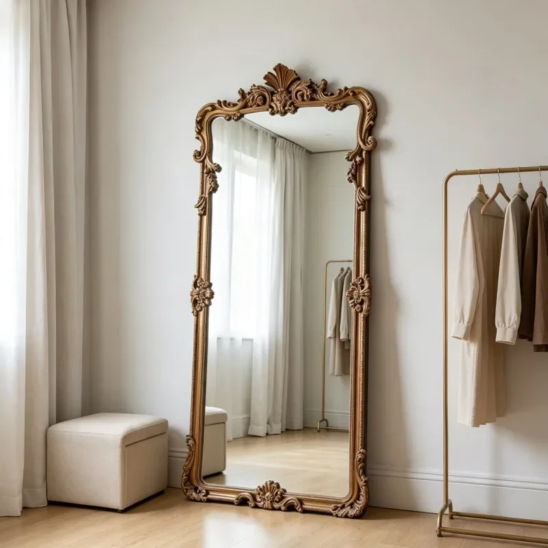 European Retro Court Style Carved Full Length Mirror Classical Home Living Room Atmospheric Full Body Mirror Cloakroom