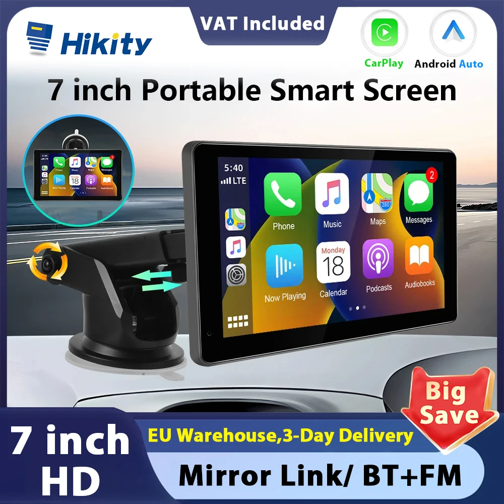 Hikity Wireless Carplay Car Monitor 7'' Android Auto Smart Screen Universal Car Video Recording dashboard For Nissan Toyota Car