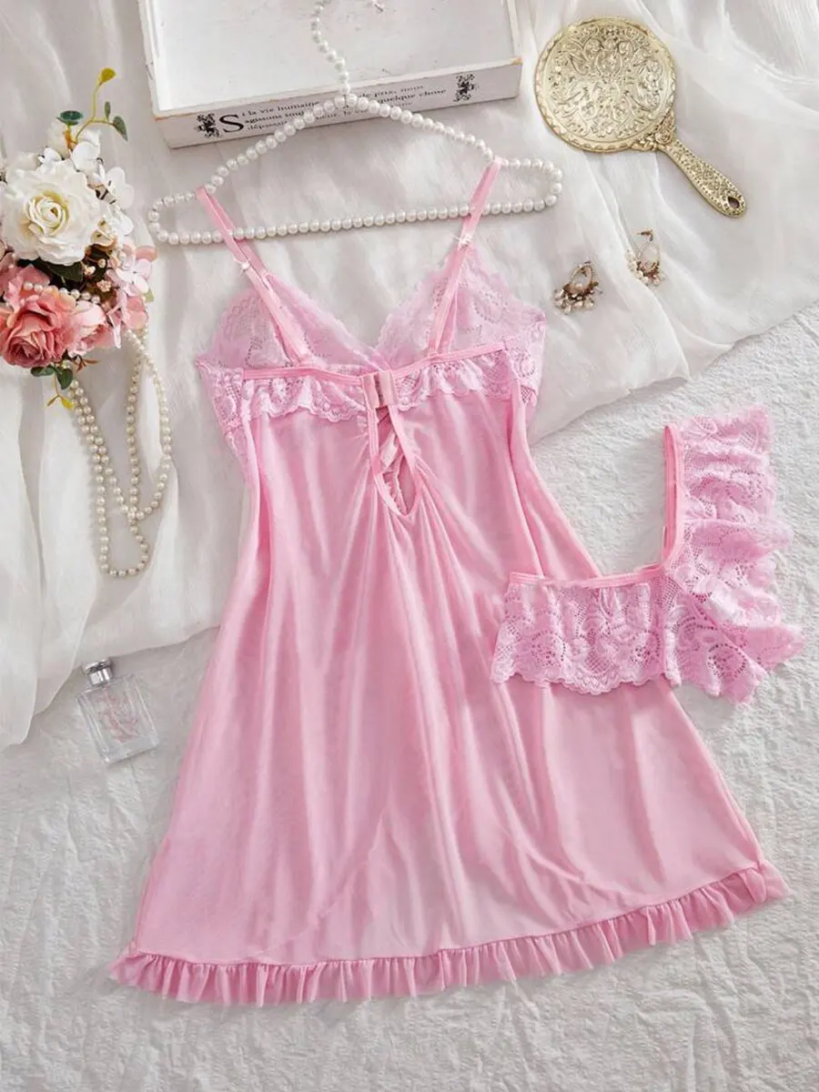 Pink set for Women Sexy Thong Lingerie Teddy nightgown Exquisite Hot Female Pajamas V-Neck with Panties 2 Piece Sets night Dress view 2
