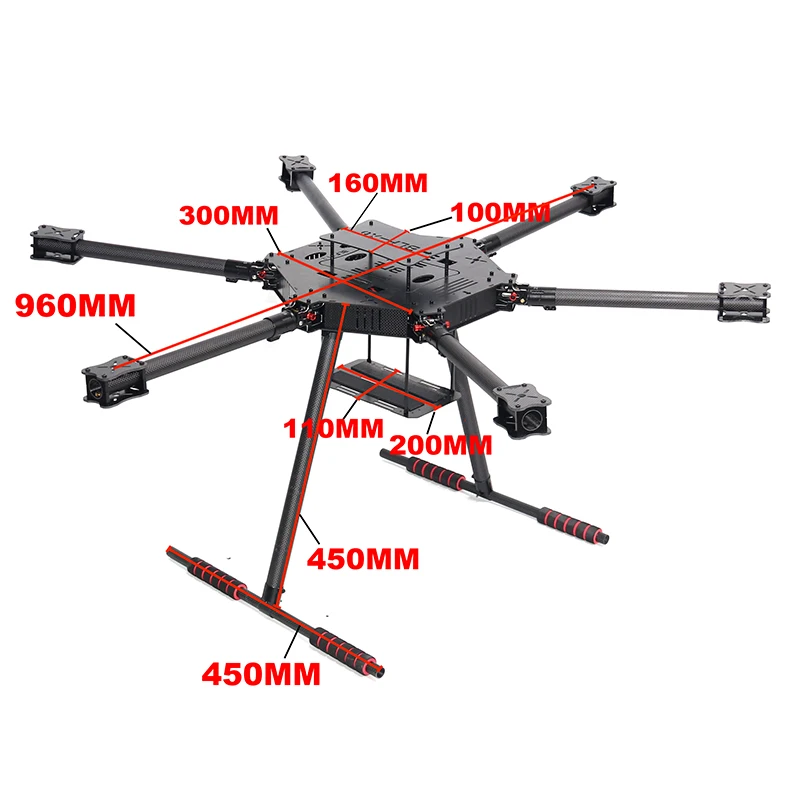 Full Carbon Fiber Hexacopter Kit Quadro com Landing Gear, ZD960 Quadro Hexa-Rotor, braço dobrável, FPV PIXHAWK voo