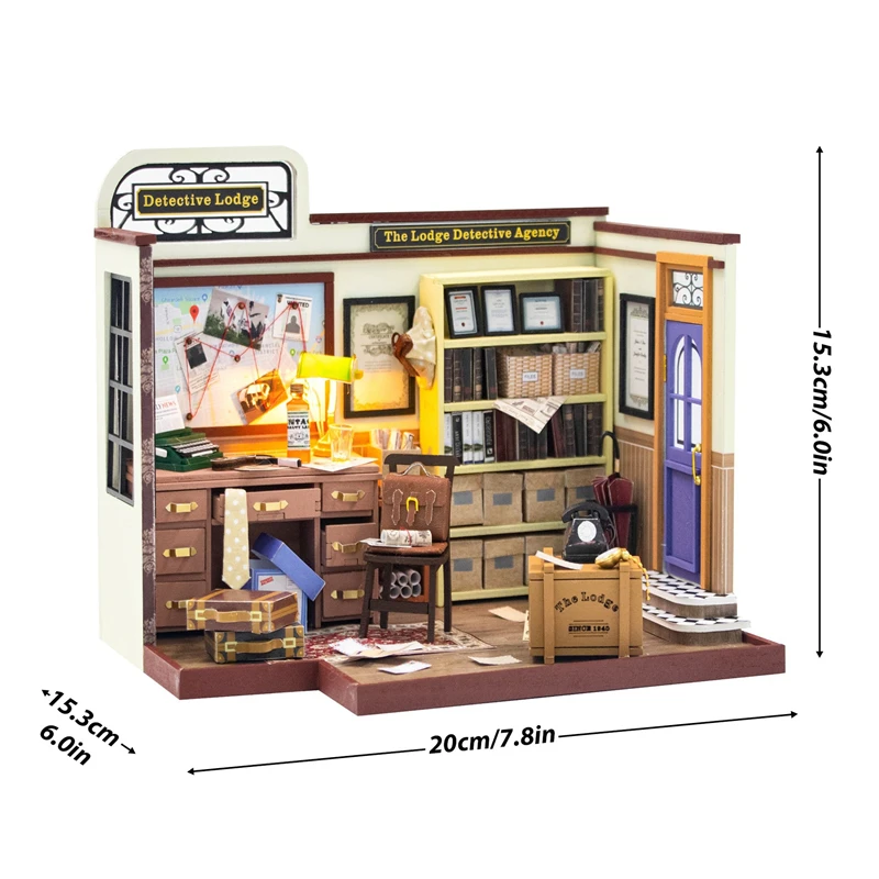 DIY Kit Modelo Miniatura de Madeira, Detective Agency of Lodge Casa, 3D Puzzle Dollhouse com Móveis, Decoração para Amigos, Presentes