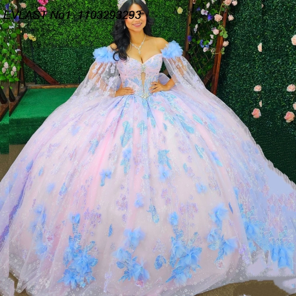 

EVLAST Customized 2026 Pink Ball Gown Quinceanera Dress Blue Floral Applique Crystal Beaded Sweet 16 Vestidos De 15 Anos E1QN148