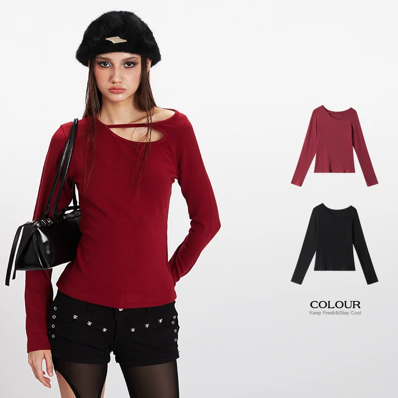 High Quality Hot Selling Wholesale Autumn Hollow Out Long Sleeved T-shirt Christmas Slim Fit Inner Layer Bottom Shirt Top Women