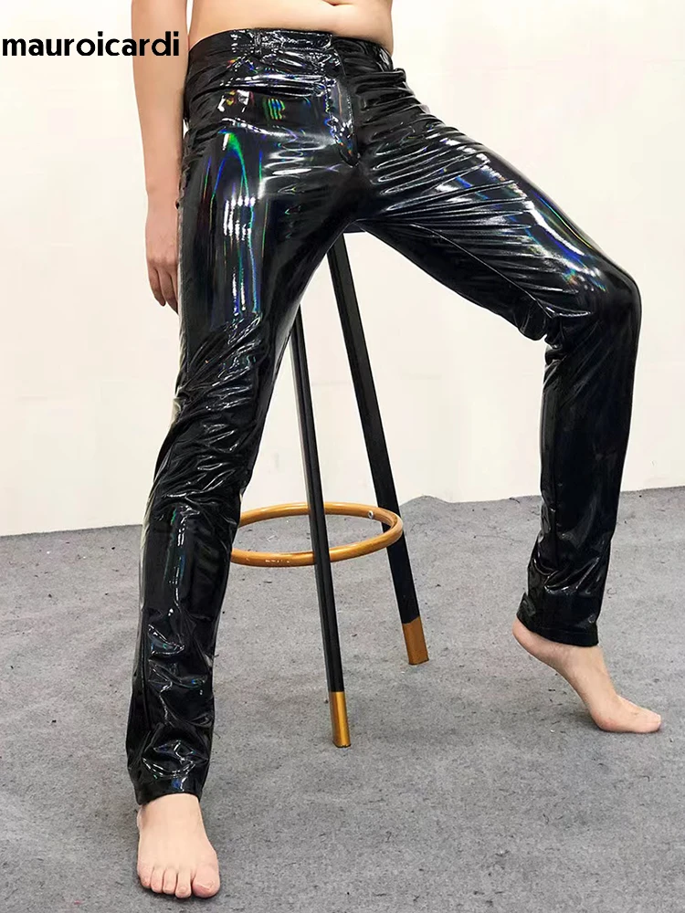 Mauroicardi Spring Skinny Sexy Shiny Reflective Stretchy Black Patent Pu Leather Pants Men Y2K Streetwear Latex Trousers 2023