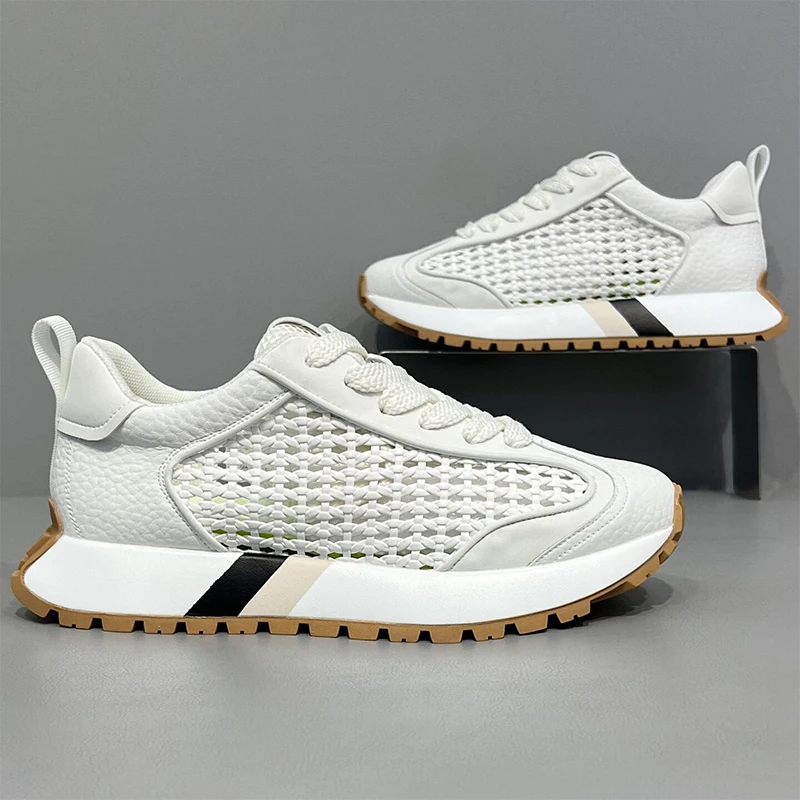 

Summer Mesh Breathable Perforated Increase Shoes Men's Genuine Leather Comfortable Anti-Slip Thick Soled Casual Sneakers Women's