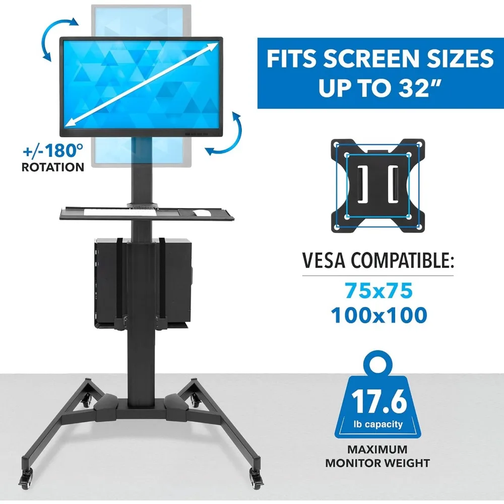 Mobile Rolling Computer Desk with Monitor Stand for Screens up to 32, Compact Workstation for PC, Includes Keyboard Tray - Ergon