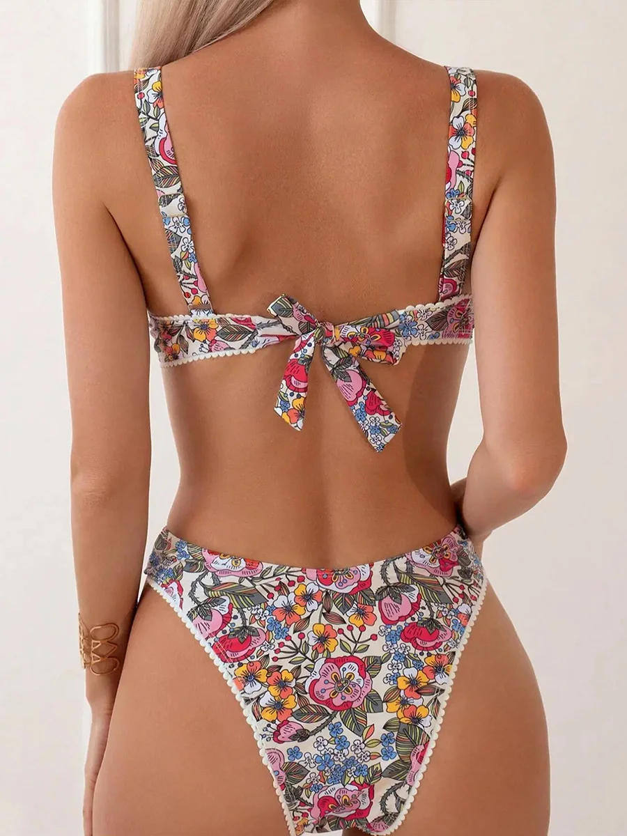 Maillot de bain à armatures imprimé floral pour femmes, ensemble deux pièces, soutien-gorge push up, tenue de plage