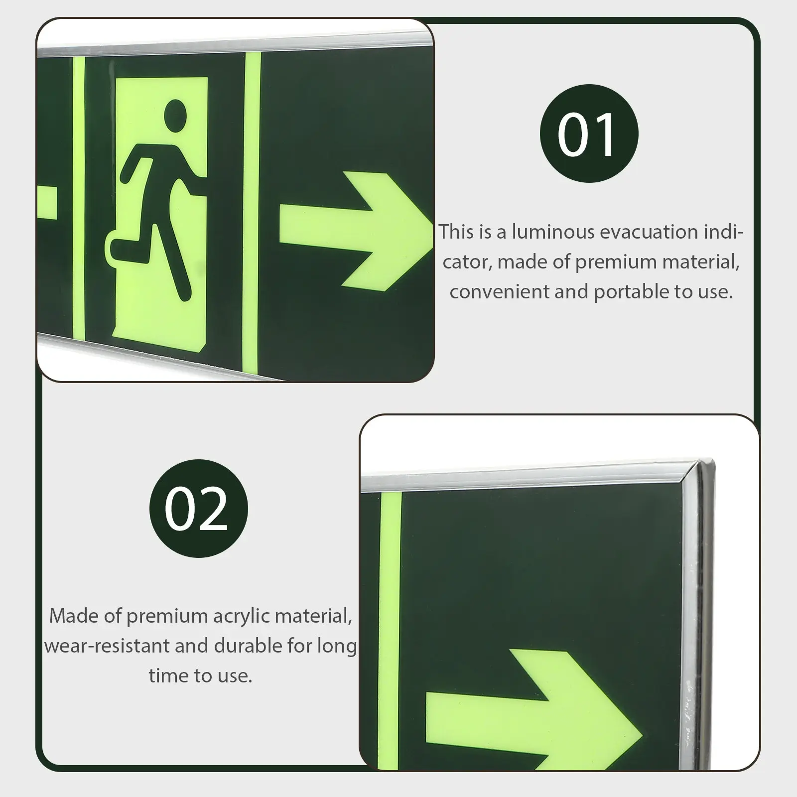 

2 шт. светящиеся акриловые наклейки-указатели аварийного выхода, флуоресцентные индикаторы выхода для торговых центров, школ, отелей, пожарных пунктов