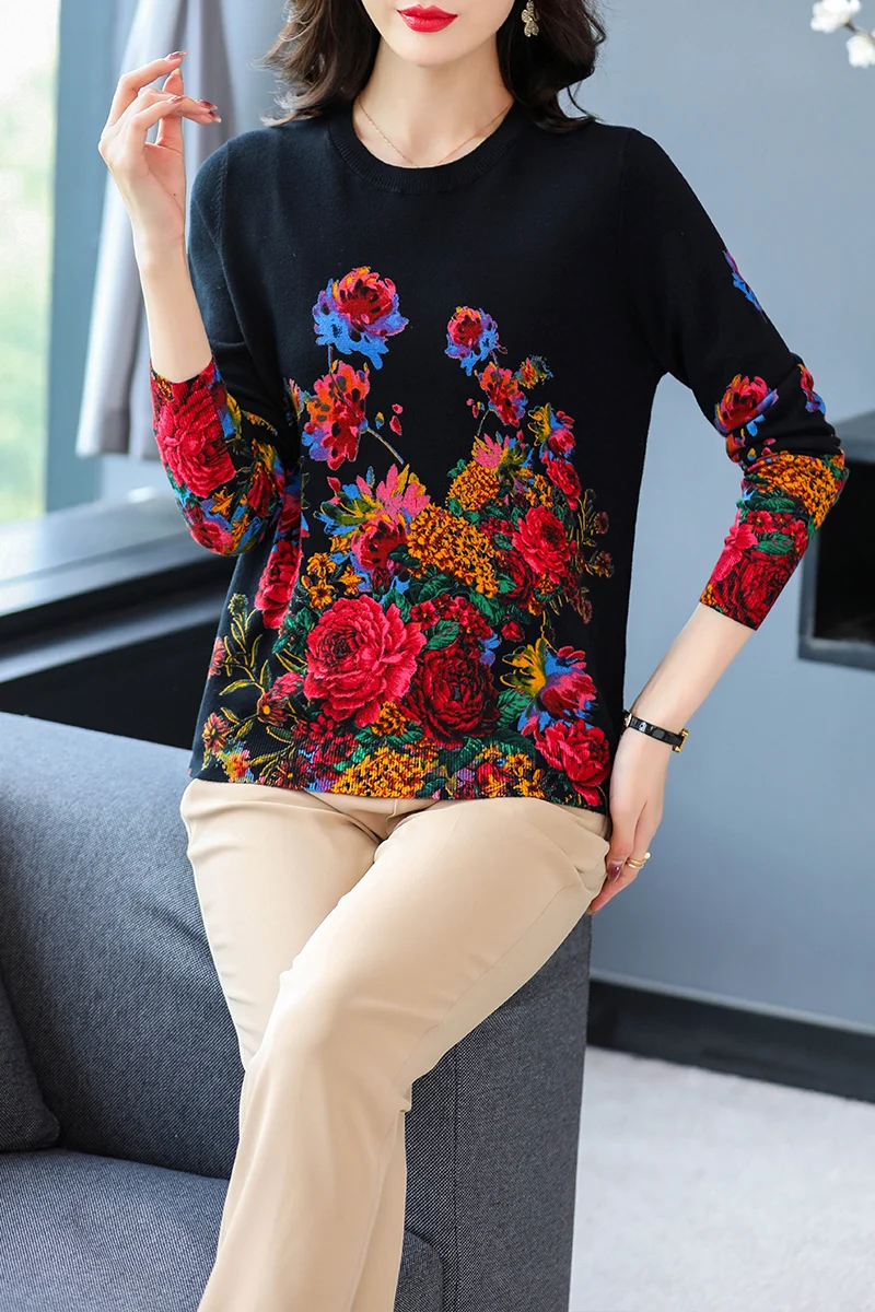 

Floral Print Women's Sweaters Spring Autumn Korean Fashion Pullover Long Sleeve Top Femme Soft O Neck Knitted Sweater