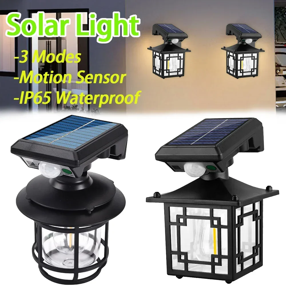 Retro Solar Outdoor Wall Lamp IP65 Waterproof Yard Decorative LED Light with Motion Sensor for Garden Street Patio Home Lighting