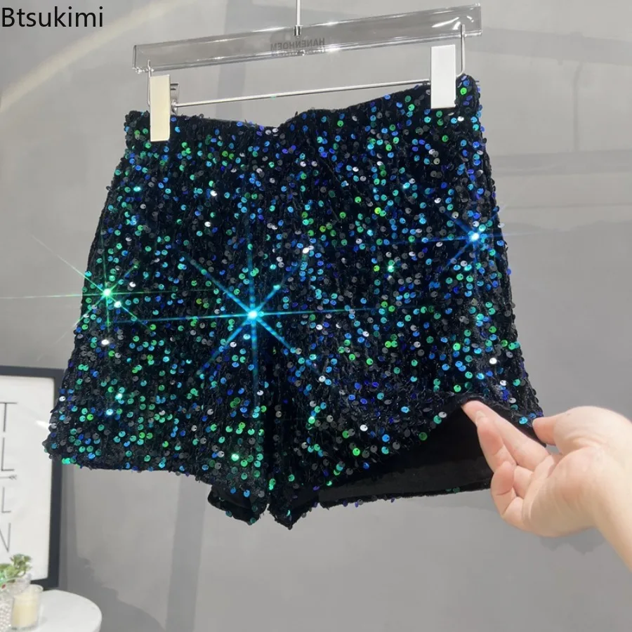Women Mid Waist Sequin Fuzzy Shorts Shiny Slim Fit Hot Pants Clubwear Casual Streetwear Summer Fashion Night Party Daily Wear