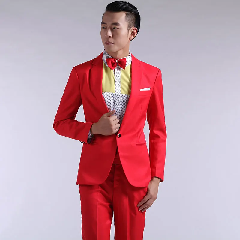 Mens Suit New Long-sleeved Men\'s Suits Pants Hosted Theatrical Tuxedos Wedding Prom Male Red Yellow Blue Formal Regular Clothes