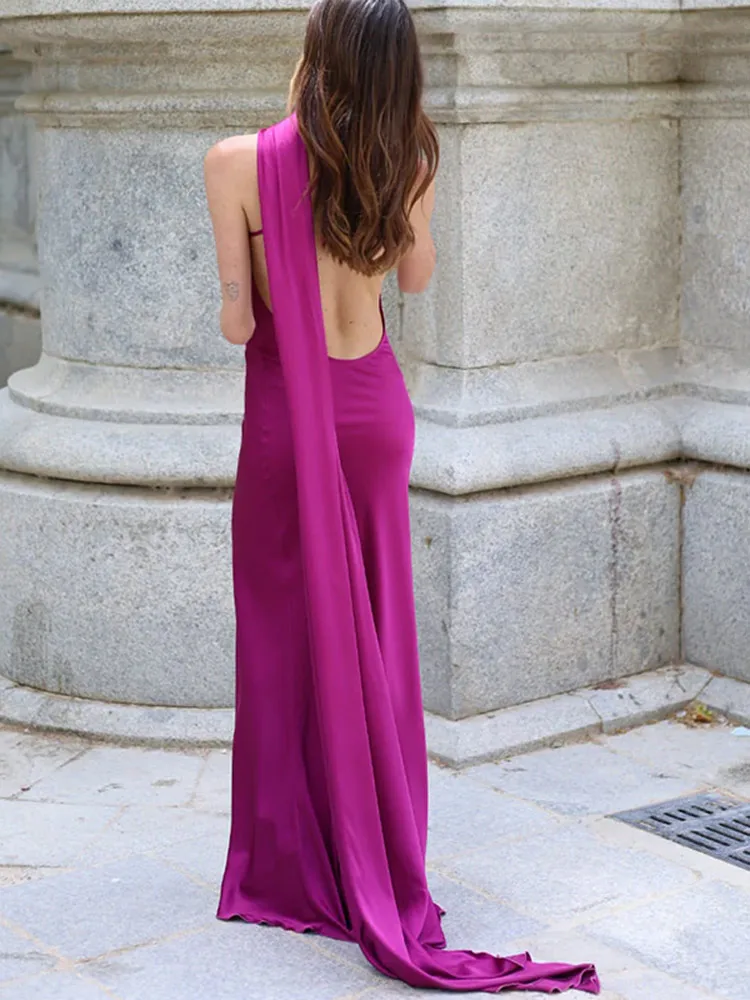 Elegant Women's Ribbon Long Satin Party Dress Halter Backless Sleeveless Female Dresses 2025 Summer Lady Solid Evening Gowns image 2