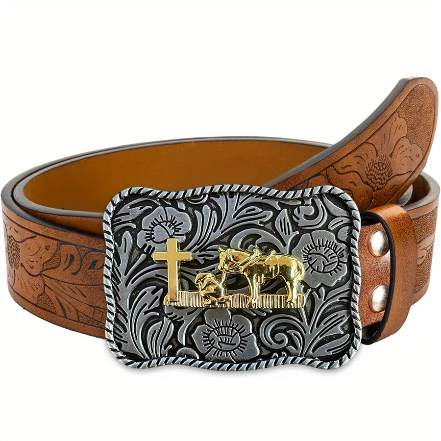 Western men's denim belt, retro belt, morning glory cross, prayer belt holding horse, buckle, hip-hop personality, retro style,