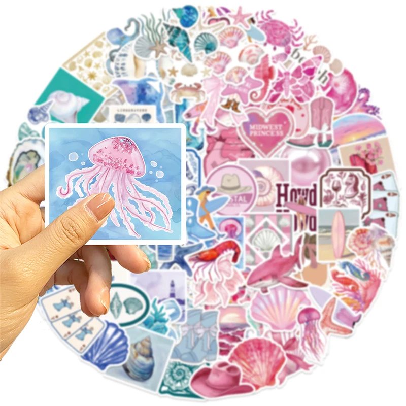 100PCS Ocean Stickers Cute Sea Creature Aesthetic Decals Blue Pink Vinyl Waterproof Stickers Water Bottles Laptops Scrapbooking