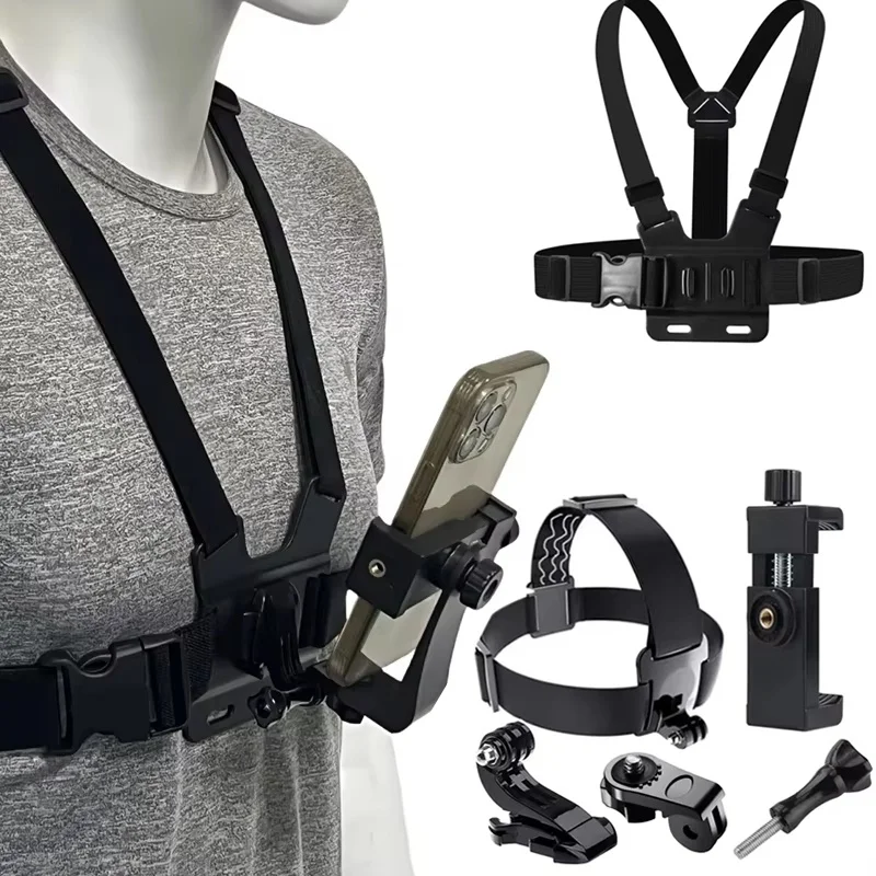All In One 6pcs Action Camera Kit Mobile Phone Head Strap Chest Strap Mount Adjustable For GoPro Hero DJI Rotatable Phone Holder