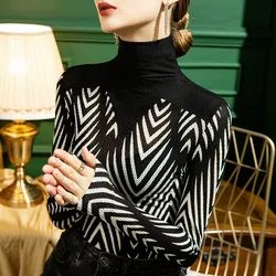 #4371 Black Striped Printed Turtleneck T Shirt Skinny Elastic Womens Tee Shirts Split Joint Women's T-shirt Long Sleeve Spring