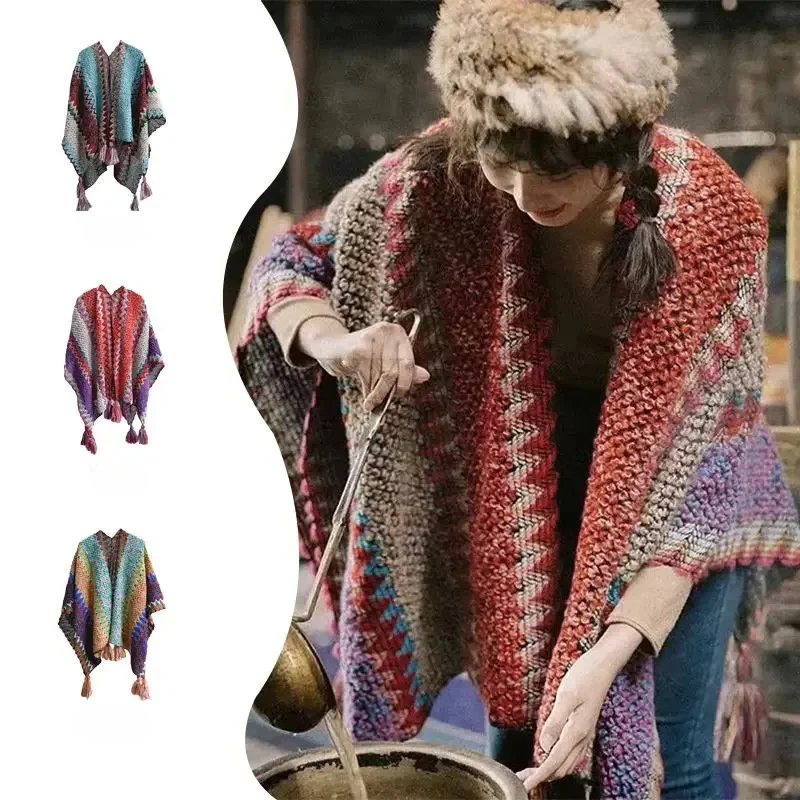 Vintage Harajuku Knitted Blanket Shawls Scarfs Women's Warm Shawl Wraps Fringe Cape Winter Cardigan Sweaters Open Front Ponchos