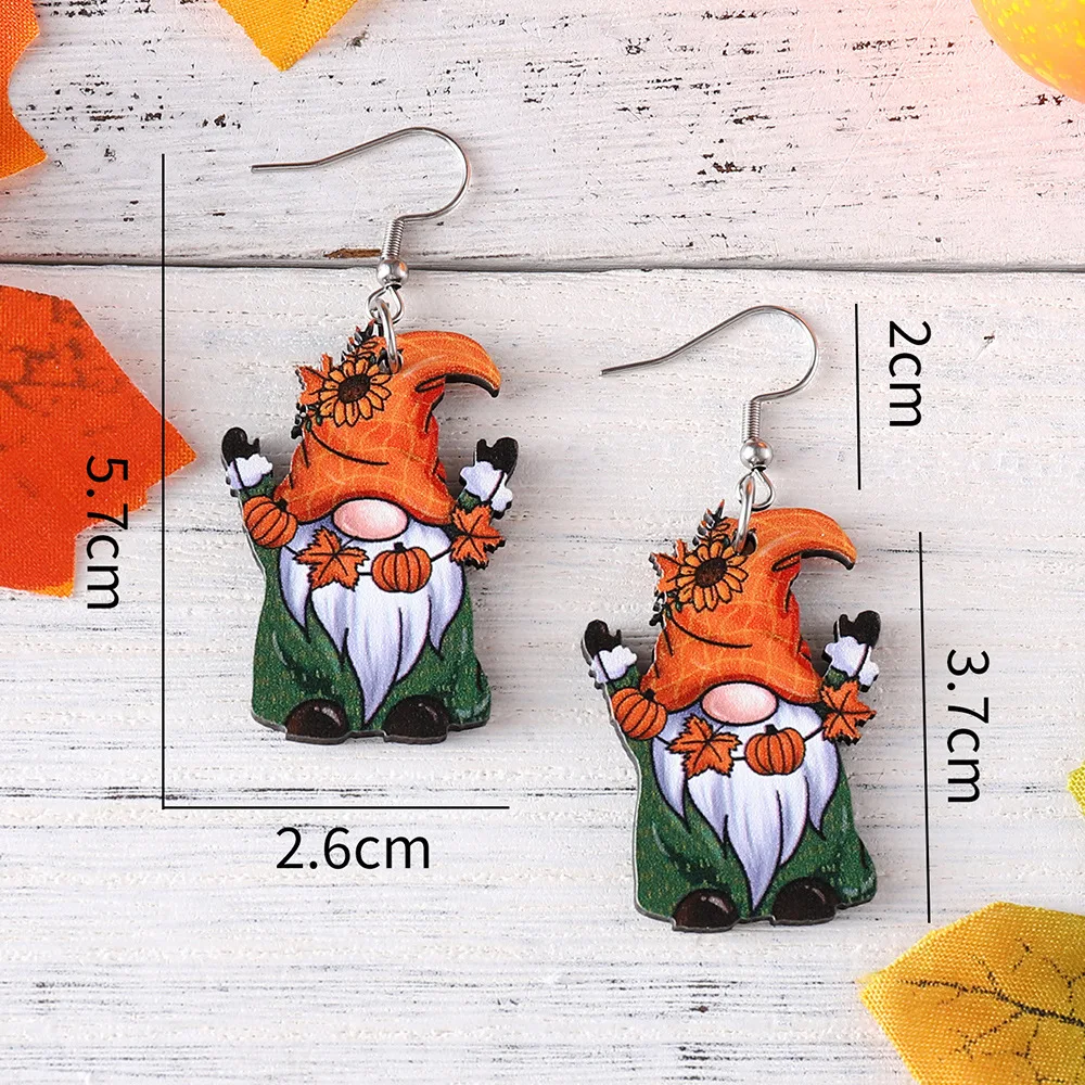 New Thanksgiving Pumpkin Maple Leaf Cute Dwarf Elderly Pendant Earrings Autumn Harvest Cup Pendant Thanksgiving Wooden Earrings