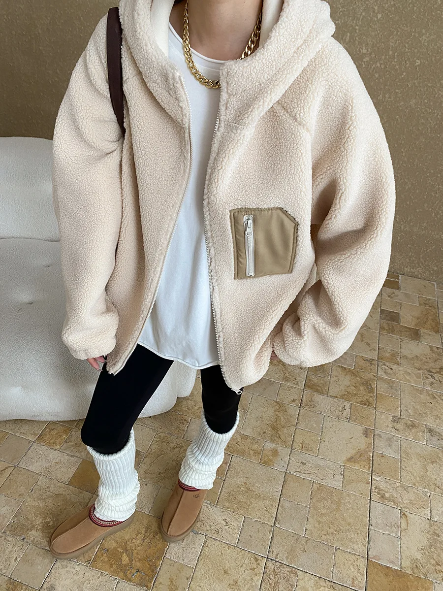 Autumn and winter women's casual solid color pocket decoration loose hooded jacket