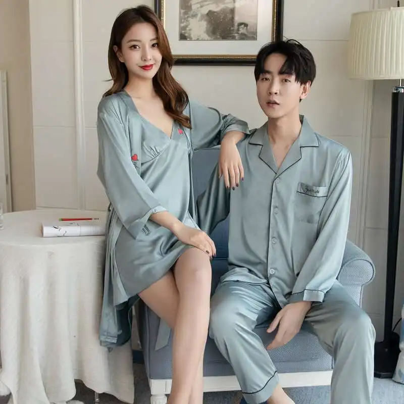 

Autumn Men Pajamas Set Ice Silk Long Sleeve V Neck Couple Lovers Pajamas 2pcs Plus Size M-3XL Leisure Loose Home Pyjamas Wedding