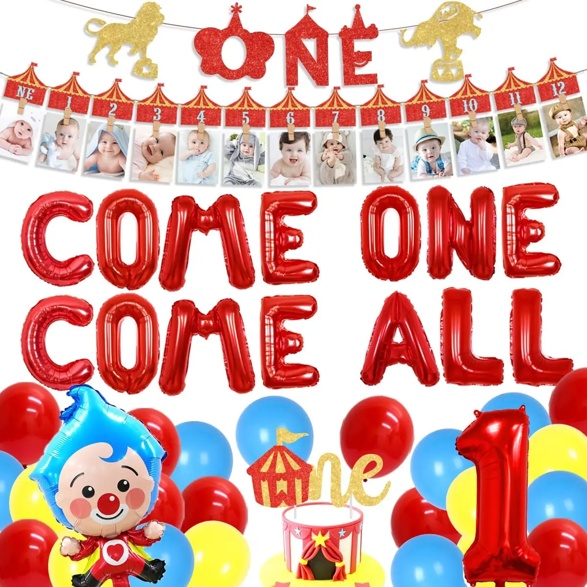 

Carnival Theme Party Decorations for Kids, Circus Photo Banner, Cake Topper, Come All Balloons, 1st Birthday