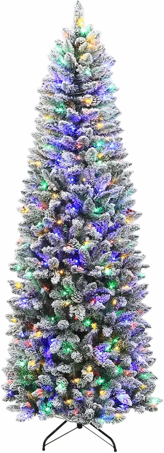 Hykolity 7.5 ft Prelit Snow Flocked Pencil Christmas Tree with 300 Multicolor LED Lights, Artificial Slim Christmas Tree with