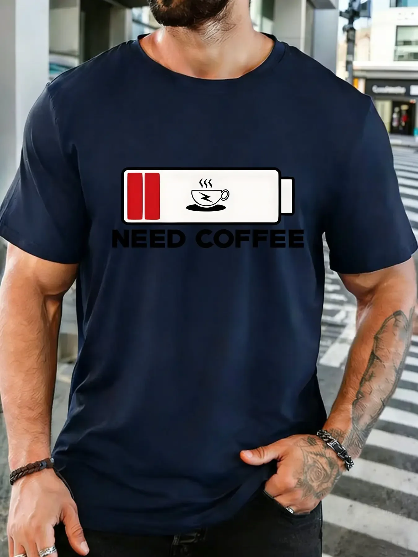 Mens Low Battery Need Coffee Cup Graphic Crew Neck Short Sleeve Light Cotton Funny Daily Casual Basic Tees For Adult Male Wear