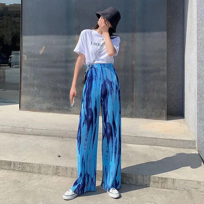 Spring Autumn Fashion High Waist Tie Dye Loose Women's Clothing Pleated All-match Trend Simplicity Hanging Down Straight Pants