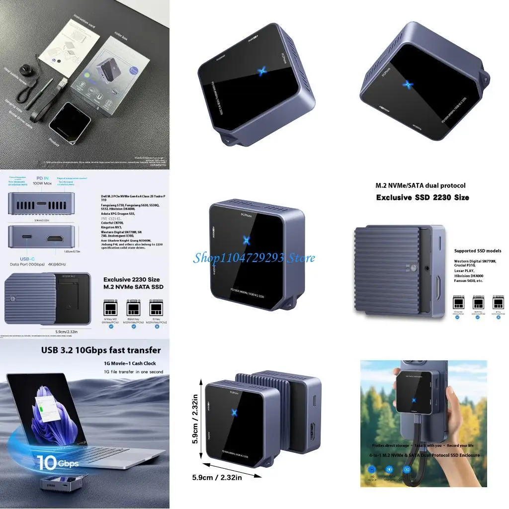 

Y2GD M.2 2230 Two SSDs Case Square Design 10Gbps USB 4K HDTV Charging Alloy Glass Heat Management