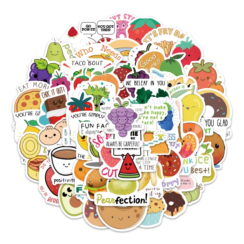 60PCS 재미있는 음식 영감 소개 영어 슬로건 DIY 장식 가방 모바일 케이스 방수 스티커 어린이 장난감