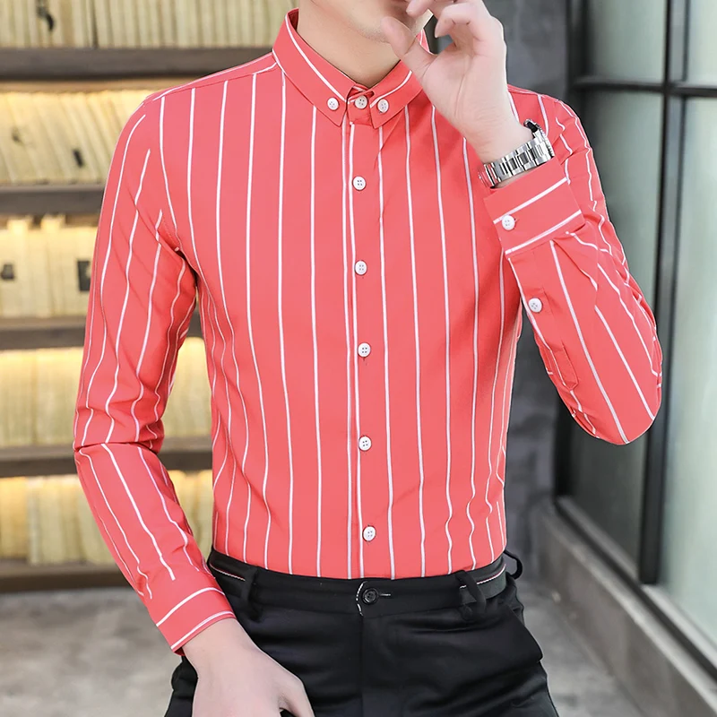 

White Striped Fashion Casual Luxury Long Sleeved Dress Shirt Men Four Seasons High Quality Smooth Comfortable Slim Chemise Homme