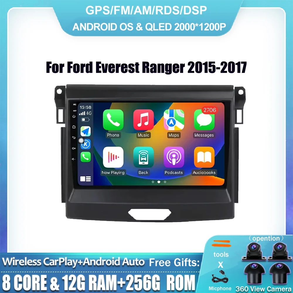 9 Inch Wireless Carplay Android 14 Car Multimedia Player For Ford Everest Ranger 2015-2017 BT GPS Navigation Auto Radio Stereo