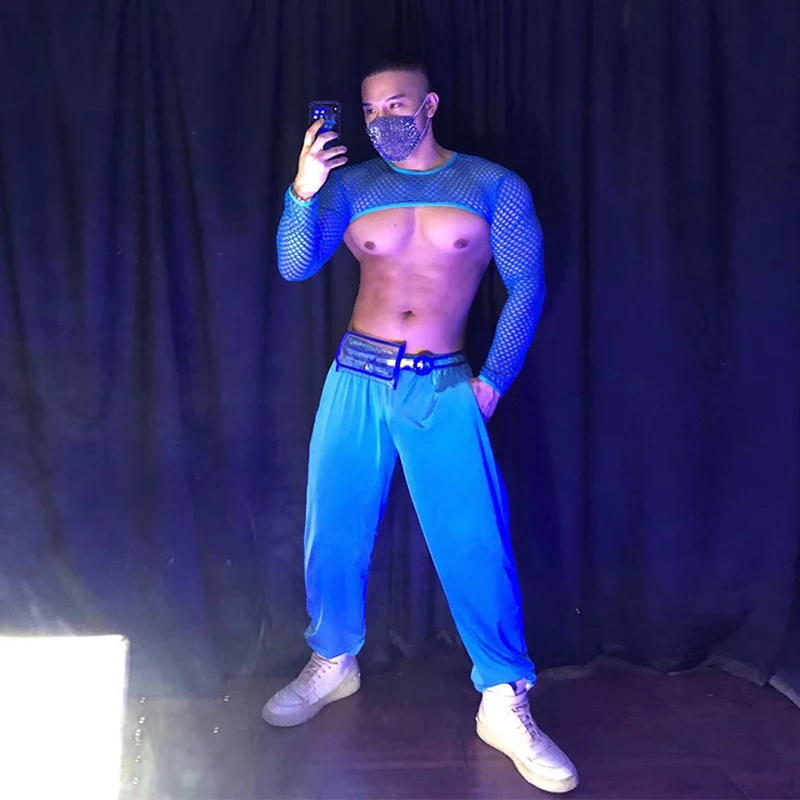 Masculino sexy pólo dança traje azul terno colheita topos calças boate jazz gogo dançarino desempenho roupas festa rave outfit yj484