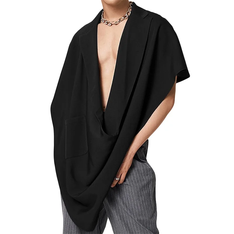 Men Turn-Down Collar Poncho Solid Color Fashion Loose Irregular Vests Summer Sleeveless Tank Tops Streetwear