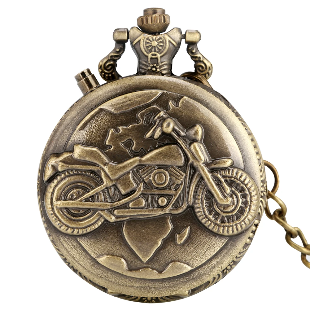 Luminous LED Dial Bronze Motorcycle Motorbike MOTO Quartz Watches Chain Carved Steampunk Pendant Pocket Men Watch Clock Gifts