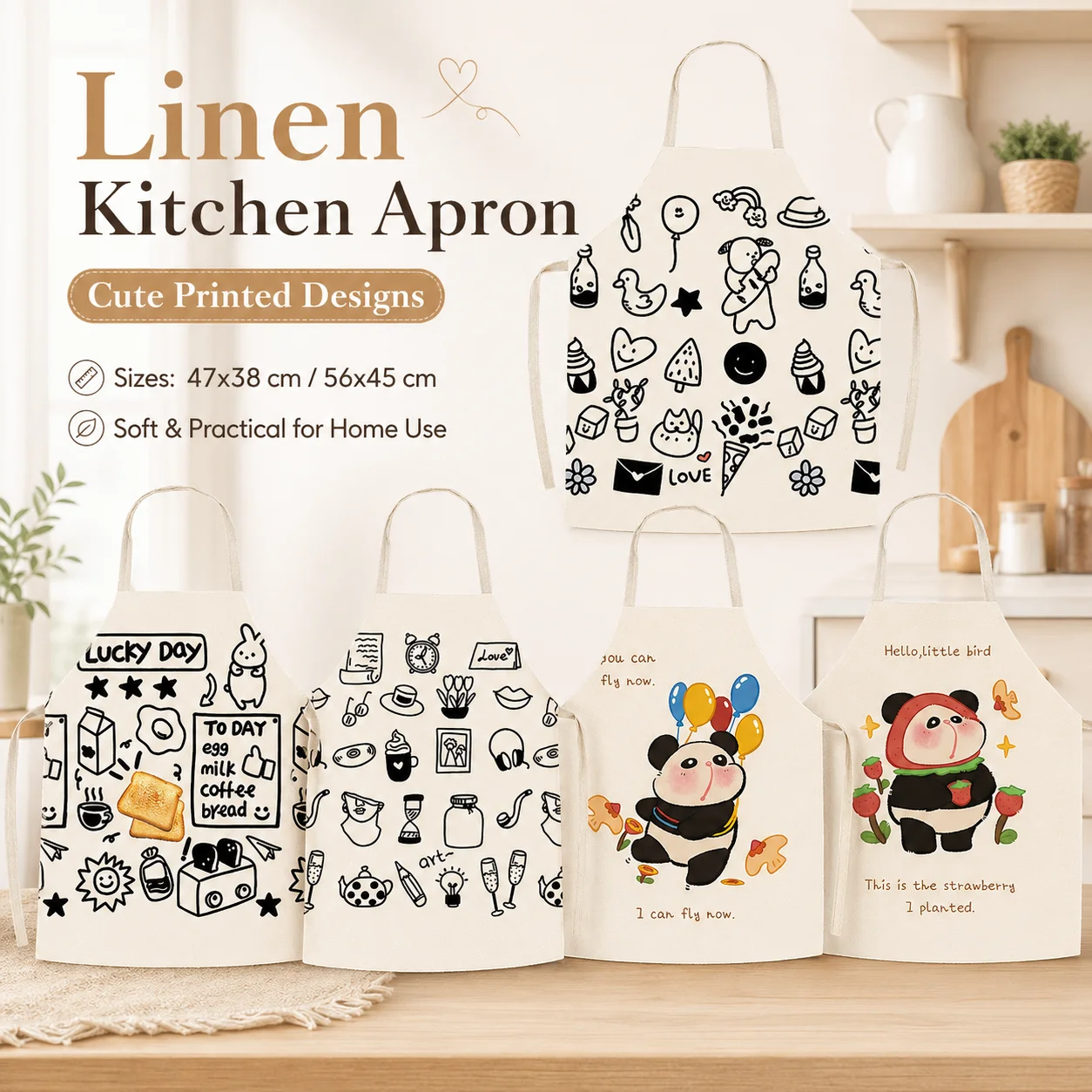 

Cute Cartoon Panda Printed Linen Kitchen Apron for Women Kids Sleeveless Baking Cooking Pinafore Home Cafe Cleaning Accessories
