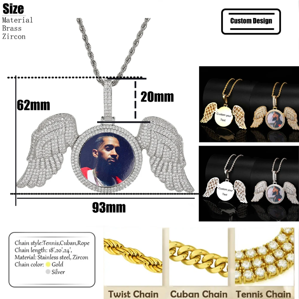 Collier pendentif photo personnalisé pour homme, médaillons d\'ailes d\'ange, bijoux hip hop, pendentif glacé, nom gravé personnalisé gratuit, cadeau