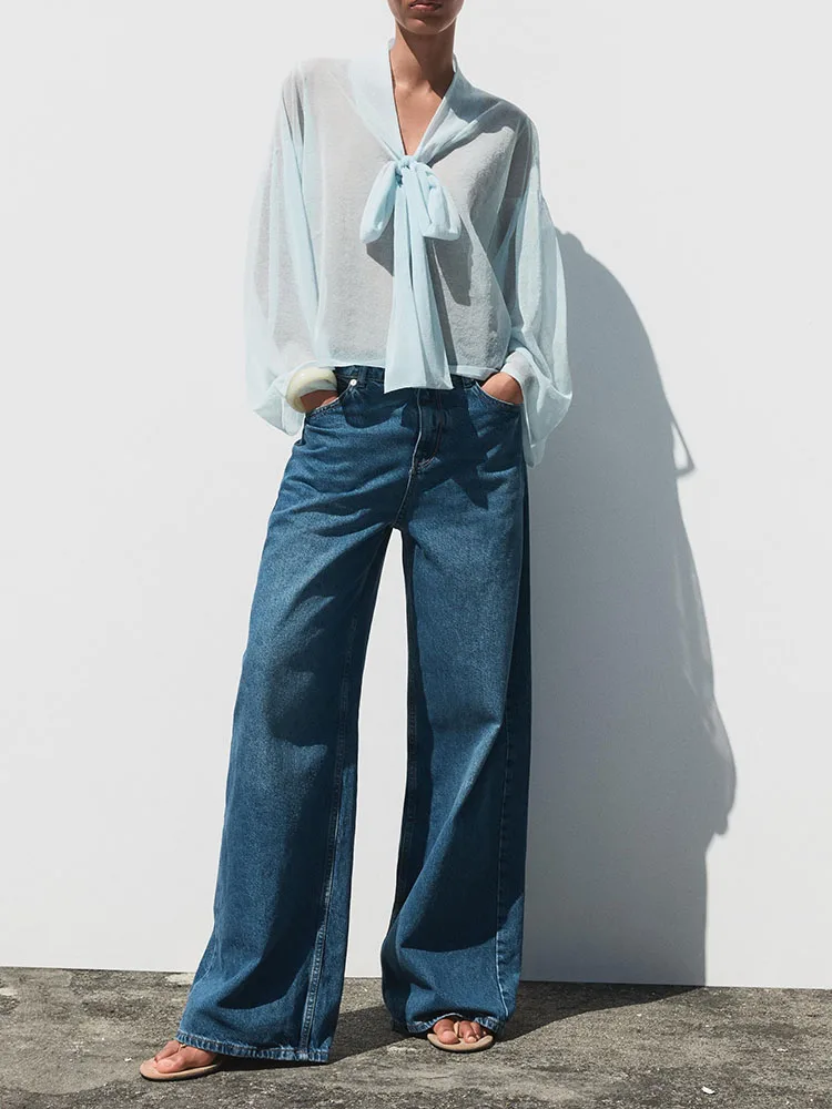 New Summer Women's Long Sve Knitted irt  Knot Decorated Versatile f Transparent Commute Sle Faionable La...