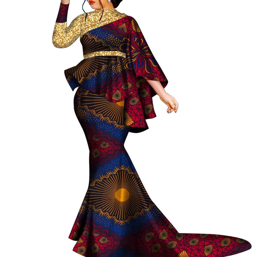 African Clothes for Women Bazin Riche Floral Printed 2 Piece Sets Irregular Bat Sleeve Top and Long Skirts Lady\'s Party Outfits