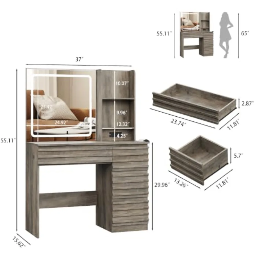 Makeup Vanity Desk with Lights for Bedroom: Fluted Wood Dressing Table with 4 Drawers, Open Shelves, Power Outlet, LED Lighted