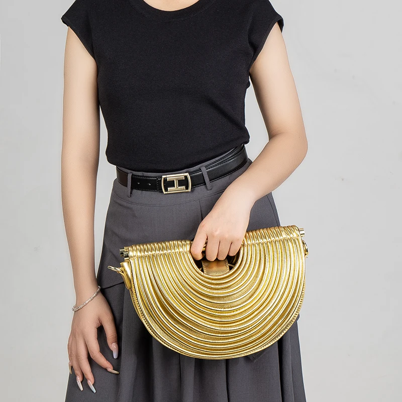 

Handbags for Women 2025 New Gold Luxury Designer Brand Handwoven Noodle Bags Half Round Pulled Hobo Silver Evening Clutch Chic